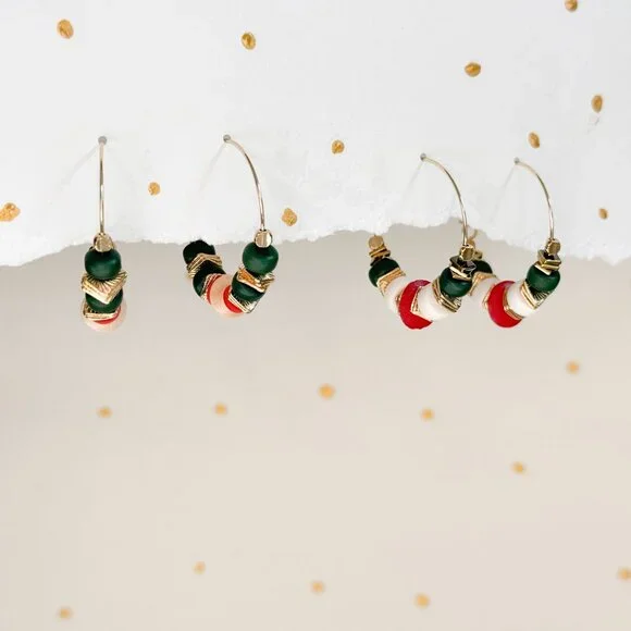 Boho Hoop Earrings Green Stone Beaded Gold Hoops Coral Ivory | Artisan Style - Picture 3 of 10